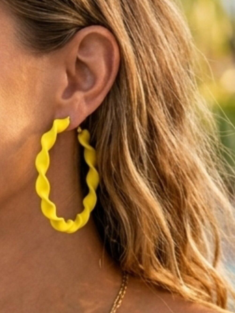 Neon Yellow Twisted Large Lightweight Hoop Earrings, Retro 80s Vibe, Summer